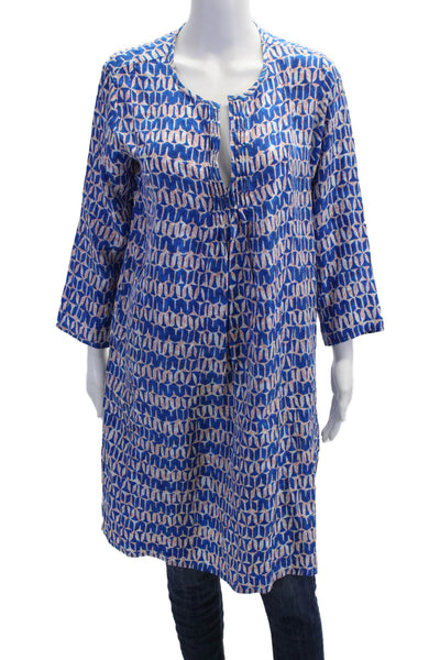 Roberta Roller Rabbit Womens Kaftan Blouse Blue Silk Long Sleeve Size S