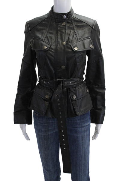 G.I.L.I Womens Genuine Leather Military Motorcycle Jacket Black Buckle Size 2