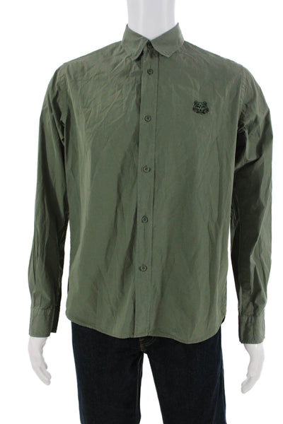 Kenzo Mens Cotton Embroidered Detail Long Sleeve Button Down Shirt Green Size 37
