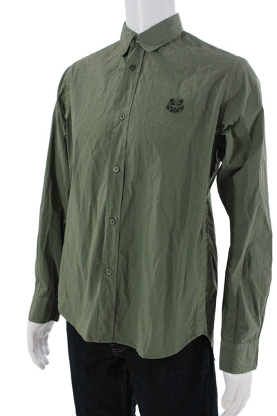 Kenzo Mens Cotton Embroidered Detail Long Sleeve Button Down Shirt Green Size 37
