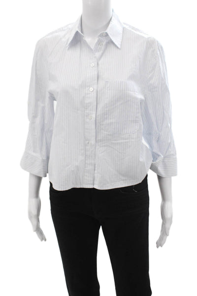 MNG Women Cropped Striped Cotton Collared Button Up 3/4 Sleeve White Size 2