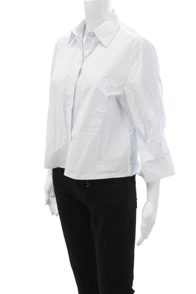 MNG Women Cropped Striped Cotton Collared Button Up 3/4 Sleeve White Size 2