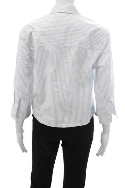 MNG Women Cropped Striped Cotton Collared Button Up 3/4 Sleeve White Size 2