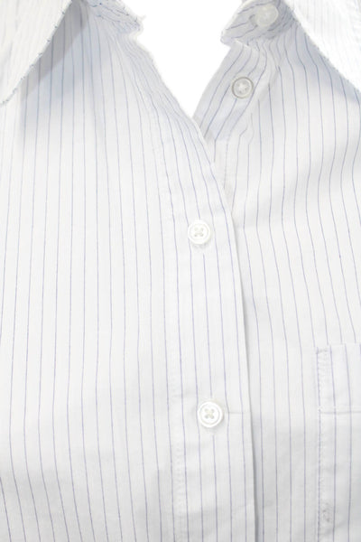 MNG Women Cropped Striped Cotton Collared Button Up 3/4 Sleeve White Size 2