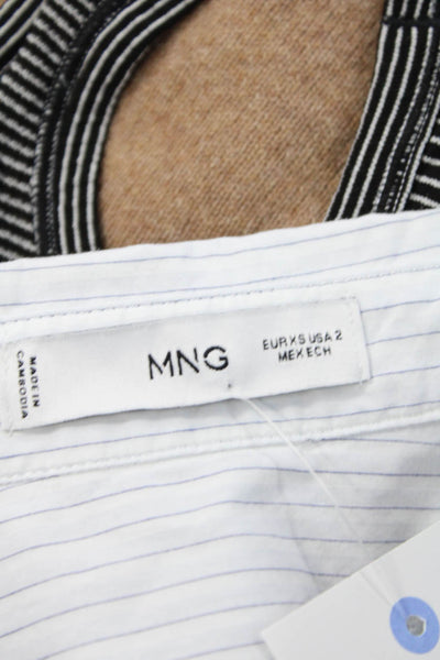 MNG Women Cropped Striped Cotton Collared Button Up 3/4 Sleeve White Size 2