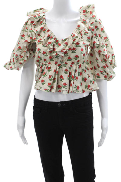 Rhode Women Cropped Beige Floral Cotton 3/4 Sleeve Blouse Size 0