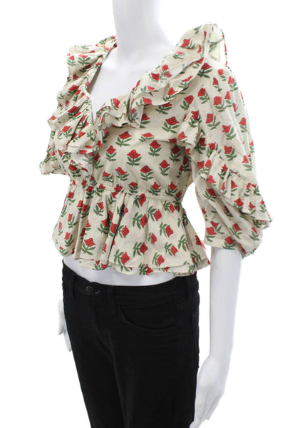 Rhode Women Cropped Beige Floral Cotton 3/4 Sleeve Blouse Size 0