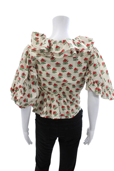 Rhode Women Cropped Beige Floral Cotton 3/4 Sleeve Blouse Size 0