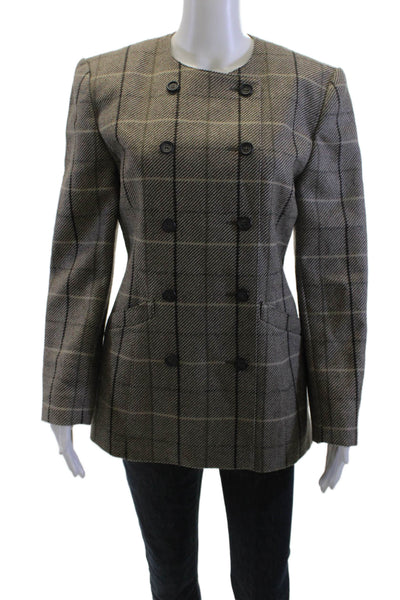 Escada Margaretha Ley Women Gray Checked Wool Blazer Button Long Sleeve Size 34
