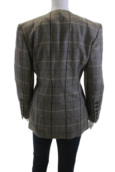 Escada Margaretha Ley Women Gray Checked Wool Blazer Button Long Sleeve Size 34