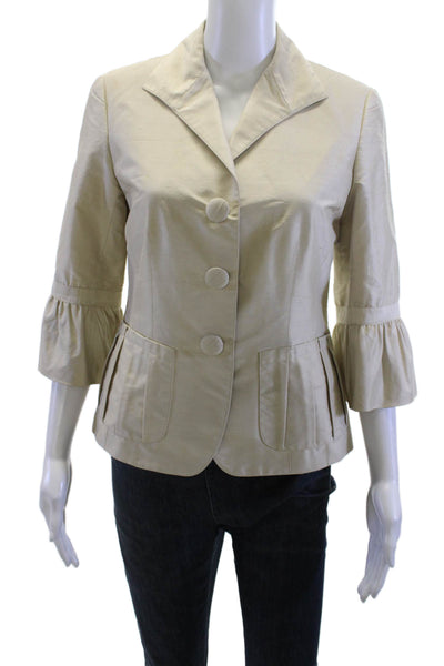 Lafayette 148 New York Women Silk Button Blazer 3/4 Sleeve Beige Size 2