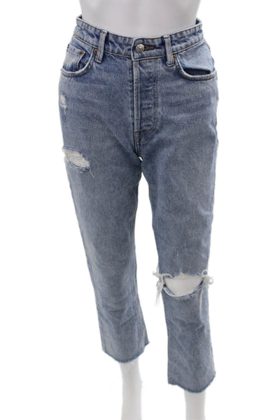 Grlfrnd Womens Blue Cropped Straight Mid Rise Jeans 100% Cotton Size 25