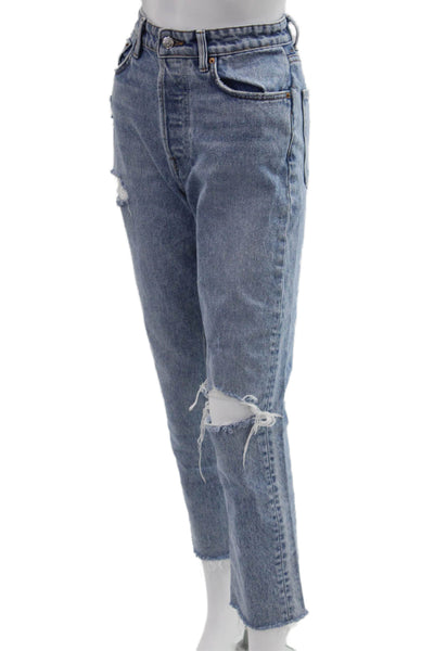 Grlfrnd Womens Blue Cropped Straight Mid Rise Jeans 100% Cotton Size 25