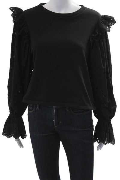 Zara Women Black Bohemian Crew Neck Long Sleeve Top Size S
