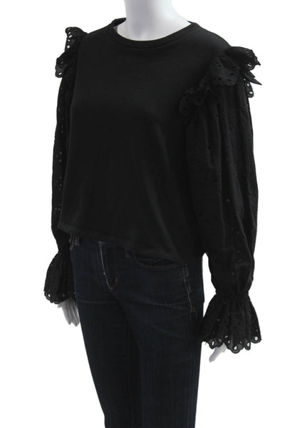 Zara Women Black Bohemian Crew Neck Long Sleeve Top Size S