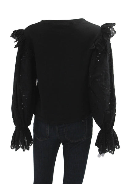 Zara Women Black Bohemian Crew Neck Long Sleeve Top Size S