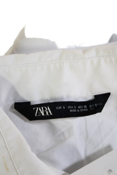 Zara Women Basic Collared Button-Up Long Sleeve White Cotton Top Size S