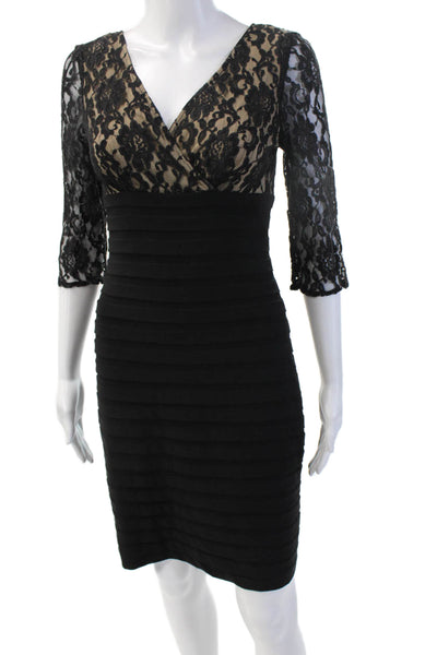 Adrianna Papell Womens Bodycon Beige V-Neck 3/4 Sleeve Mid-Calf Dress Size 2
