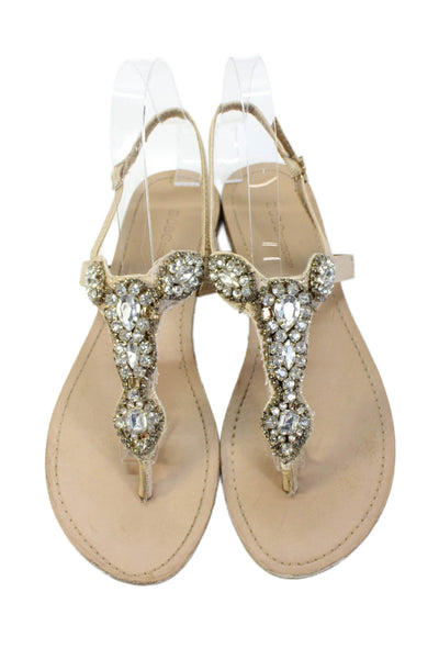 BCBGMAXAZRIA Womens Thong Strap Beaded  Rhinestone Sandals Nude Size 7.5