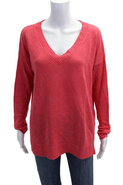 Eileen Fisher Women Red Organic Linen V Neck Long Sleeve Pullover Size S