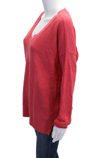 Eileen Fisher Women Red Organic Linen V Neck Long Sleeve Pullover Size S