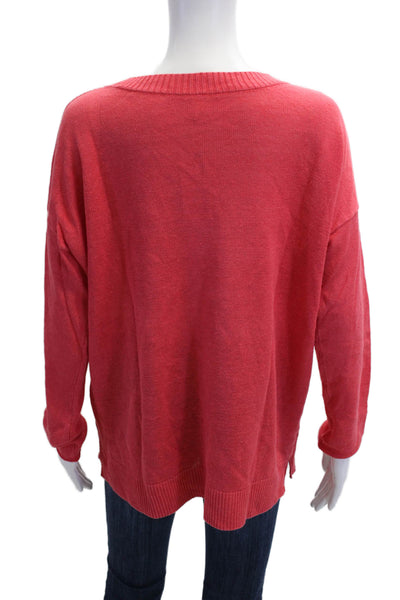 Eileen Fisher Women Red Organic Linen V Neck Long Sleeve Pullover Size S