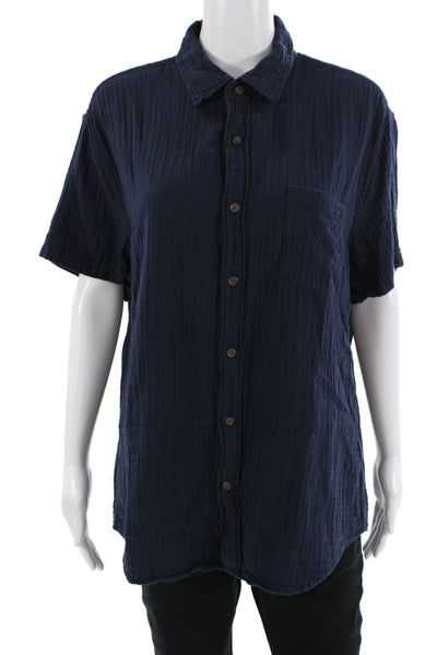 J Crew Women Dark Blue Cotton Collared Short Sleeve Button Up Shirt Size L