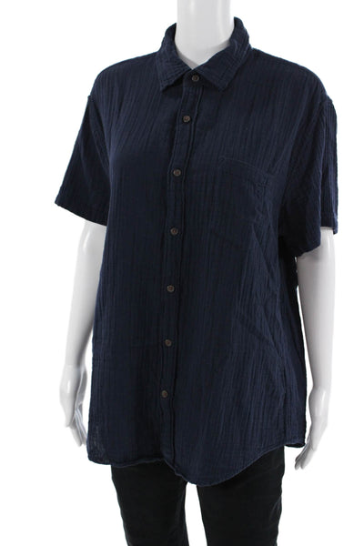 J Crew Women Dark Blue Cotton Collared Short Sleeve Button Up Shirt Size L
