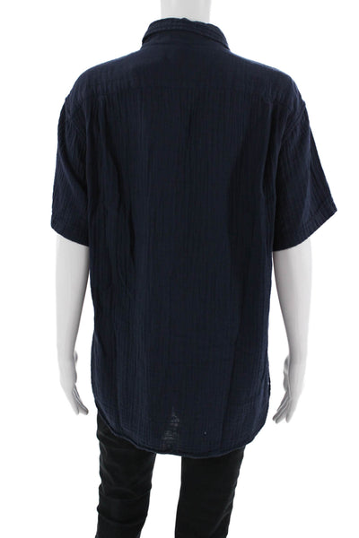 J Crew Women Dark Blue Cotton Collared Short Sleeve Button Up Shirt Size L