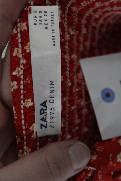 Zara Women Fit & Flare Sundress Red Square Neck Tie Waist Floral Size XS