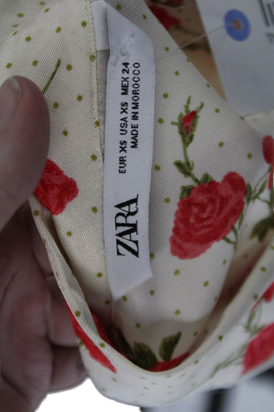 Zara Women Beige Floral Collared Button Up Blouse Long Sleeve Size XS