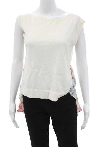 Theory Women Floral Sleeveless Crew Neck Cotton Cashmere Tank White Size S