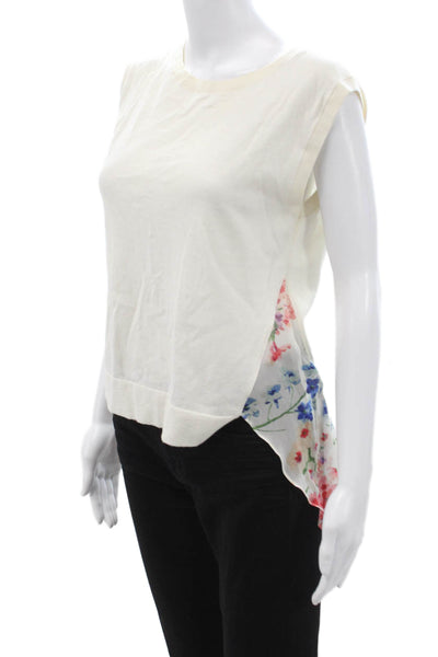 Theory Women Floral Sleeveless Crew Neck Cotton Cashmere Tank White Size S