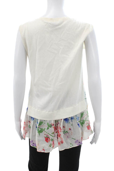 Theory Women Floral Sleeveless Crew Neck Cotton Cashmere Tank White Size S