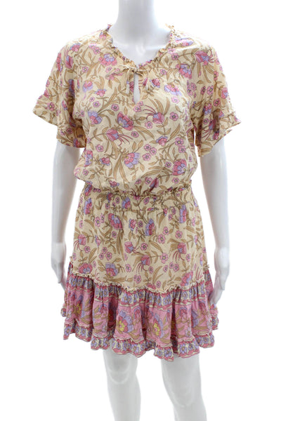Walker & Wade Womens Blouson Sundress Beige Floral Rayon Short Sleeve Size M