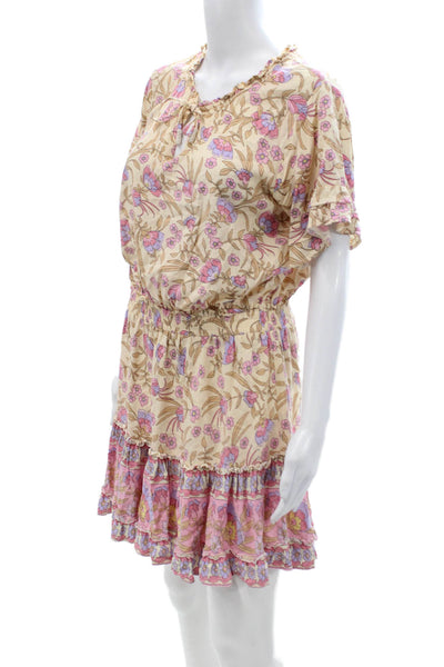 Walker & Wade Womens Blouson Sundress Beige Floral Rayon Short Sleeve Size M