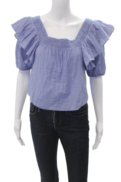 Zara Women Cropped Blouse Blue Checked Square Neck Short Sleeve Size XS