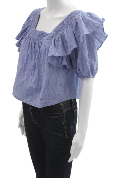 Zara Women Cropped Blouse Blue Checked Square Neck Short Sleeve Size XS