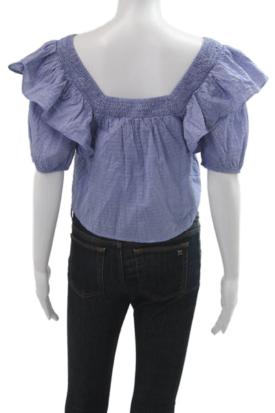 Zara Women Cropped Blouse Blue Checked Square Neck Short Sleeve Size XS