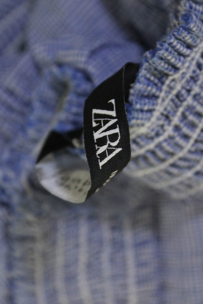 Zara Women Cropped Blouse Blue Checked Square Neck Short Sleeve Size XS