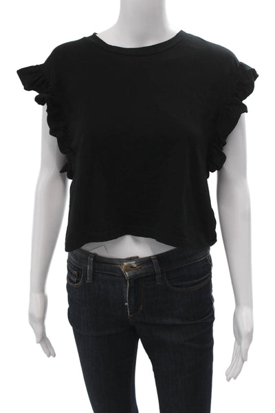 Zara Womens Cropped Sleeveless Black Cotton Crew Neck T-Shirt Size S