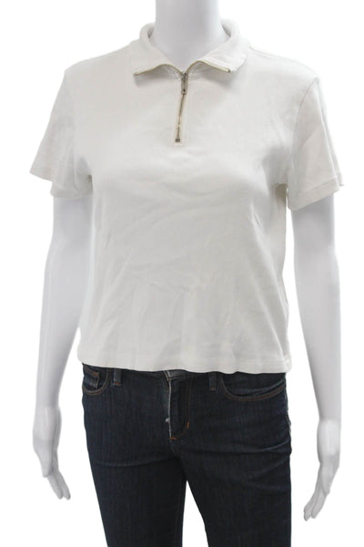 Amo Women Cropped White Collared Short Sleeve Polo Size M
