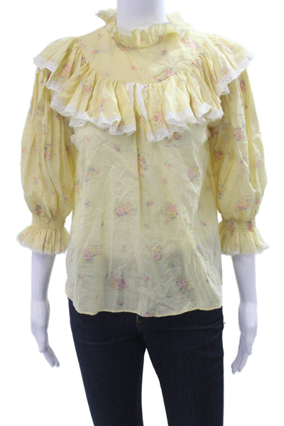 Laurence Bras Women Bohemian Yellow Floral High Neck 3/4 Sleeve Blouse Size S
