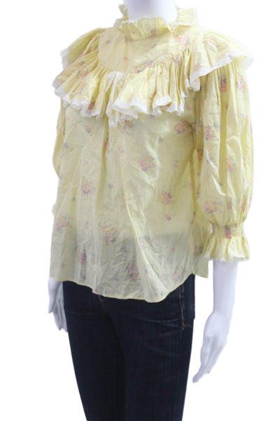 Laurence Bras Women Bohemian Yellow Floral High Neck 3/4 Sleeve Blouse Size S