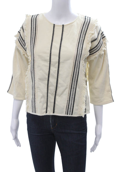 Eri + Ali Women Blouse Beige Striped 3/4 Sleeve Round Neck Cotton Size XS