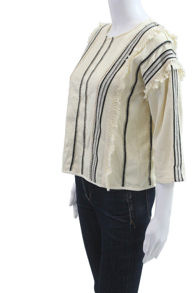 Eri + Ali Women Blouse Beige Striped 3/4 Sleeve Round Neck Cotton Size XS