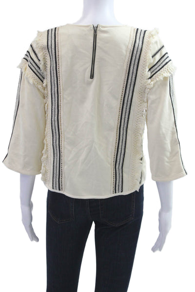 Eri + Ali Women Blouse Beige Striped 3/4 Sleeve Round Neck Cotton Size XS
