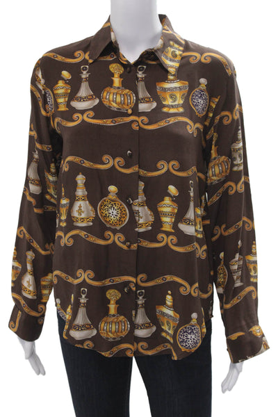 Lord & Taylor Womens Silk Collared Graphic Button Up Blouse Brown Size 4