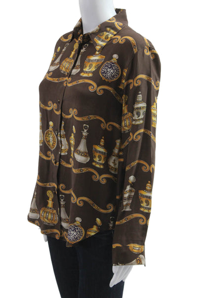 Lord & Taylor Womens Silk Collared Graphic Button Up Blouse Brown Size 4