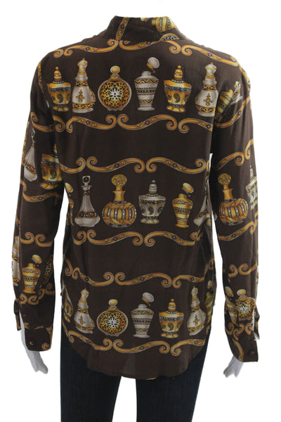 Lord & Taylor Womens Silk Collared Graphic Button Up Blouse Brown Size 4
